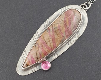 Rhodonite Necklace tourmaline sterling silver michele grady statement jewelry pink stone large pendant handmade one of a kind