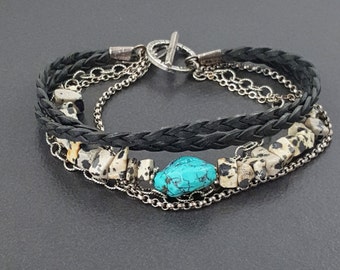 SALE*** Turquoise Leather Wrap Bracelet sterling silver dalmatian jasper michele grady jewelry black white blue gemstone multi strand boho