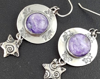 Charoite Earrings sterling silver michele grady crystal ball dangle purple stone drop witchy statement jewelry halloween
