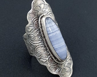 Blue Lace Agate Ring size 9 sterling silver saddle large statement chunky big thick jewelry michele grady