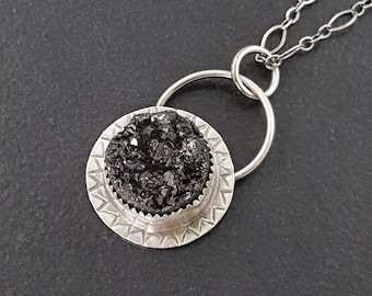 Jet Black Druzy Charm Necklace sterling silver michele grady jewelry natural surface raw stone small pendant everyday jewelry
