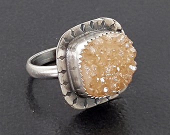 Champagne Druzy Ring Size 7.5 sterling silver michele grady drusy  sparkly sparkle natural surface cream colored boho statement holiday