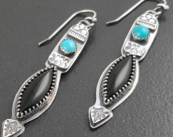 Black Onyx Earrings turquoise sterling silver michele grady long dangle handmade statement jewelry black blue stone