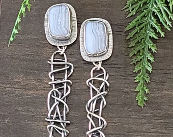 Blue Lace Agate Grapevine Earrings sterling silver michele grady jewelry dangle drop twisted wire pale blue stone