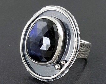 Labradorite Ring size 7 thru 7 1/2 sterling silver michele grady square band rose cut statement cocktail large big chunky jewelry halloween