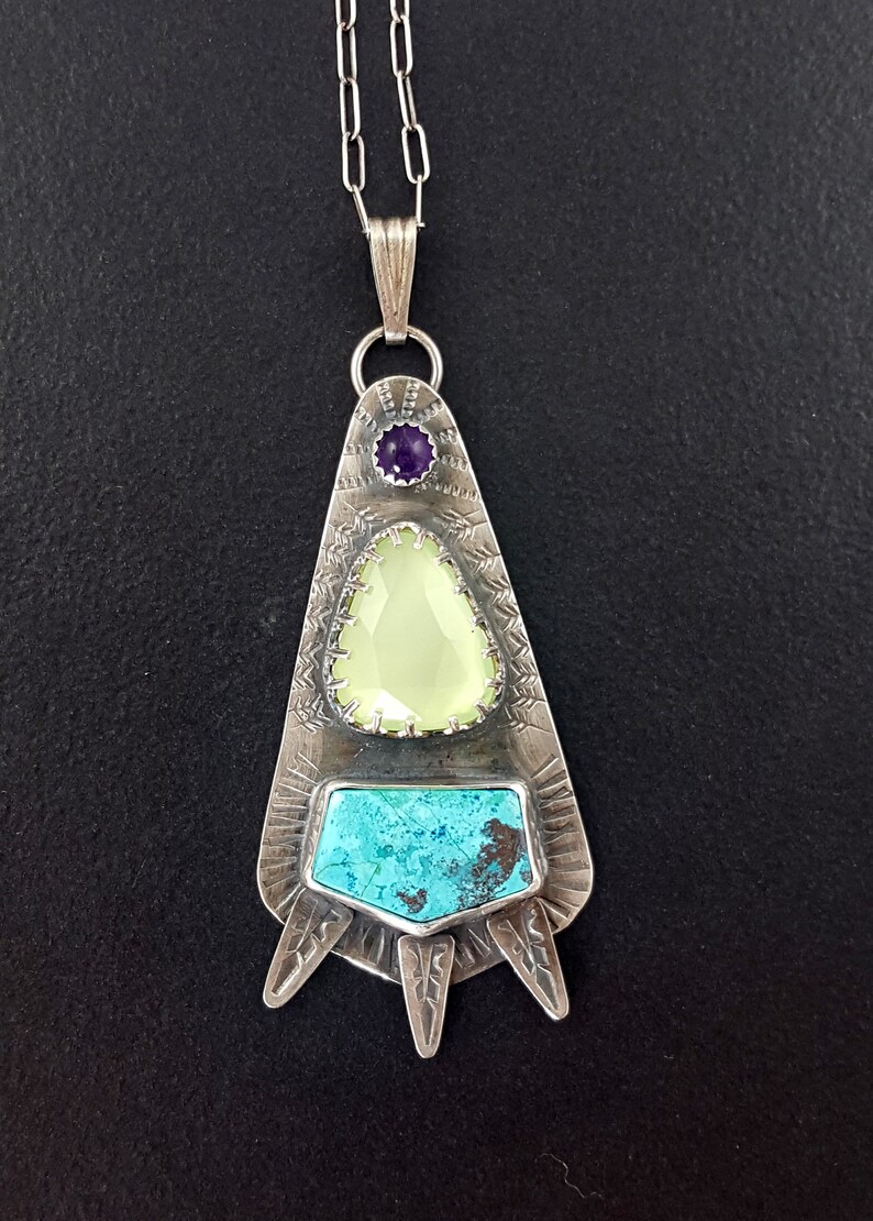 sterling silver stamped necklace Chalcedony Chrysocolla Amethyst Necklace michele grady boho necklace tribal necklace,