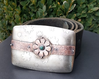 SALE*** Large Turquoise Flower Belt Buckle michele grady mixed metals statement mixed metal blue copper nickel silver accessory