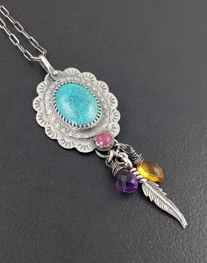 boho turquoise jewelry pendant michele grady bohemian stamped blue silver turquoise sterling silver Turquoise Tourmaline Necklace