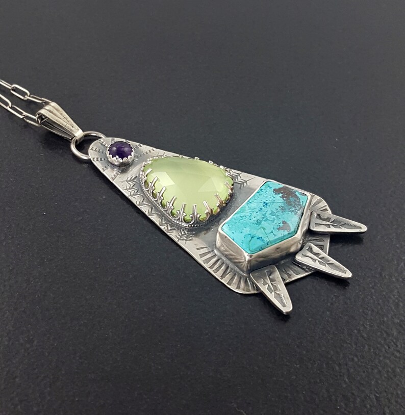 sterling silver stamped necklace Chalcedony Chrysocolla Amethyst Necklace michele grady boho necklace tribal necklace,