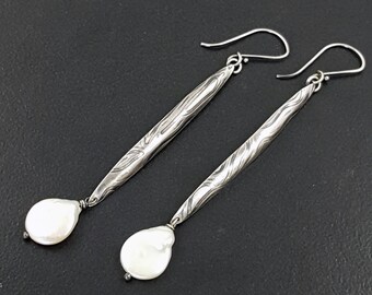 Coin Pearl Earrings sterling silver michele grady long dangle drop white freshwater pearls statement shoulder duster wedding jewelry bridal