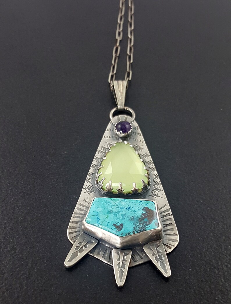 sterling silver stamped necklace Chalcedony Chrysocolla Amethyst Necklace michele grady boho necklace tribal necklace,