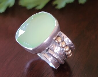 Green Chalcedony Wide Band Ring Size 9 sterling silver brass michele grady mixed metal mixed metals green stone statement cocktail chunky