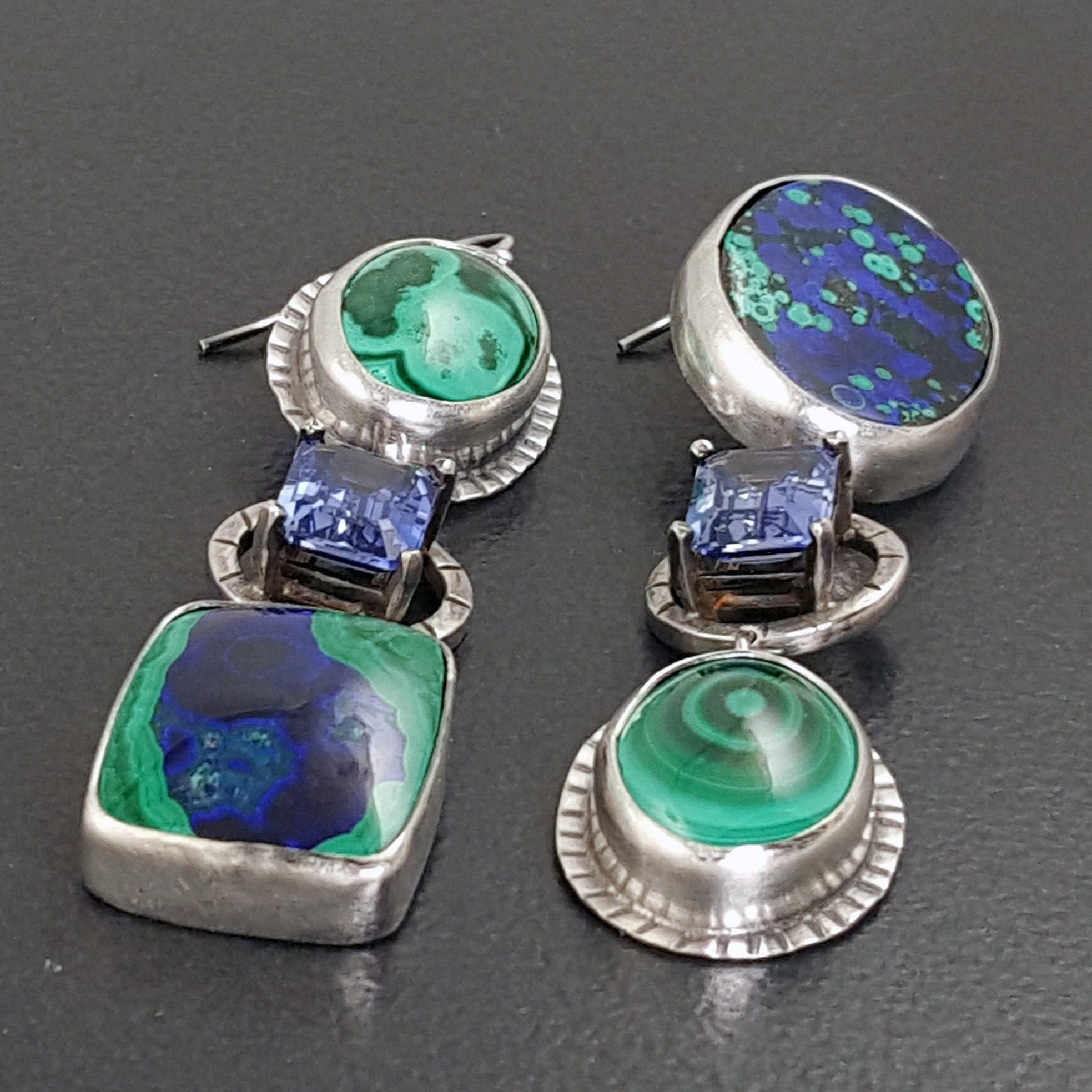 Azurite Malachite Sapphire Earrings sterling silver michele | Etsy