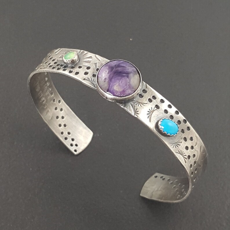 Charoite Turquoise Chrysoprase Cuff cuff bracelet stamped michele grady adjustable stacker,purple stone stacking cuff sterling silver