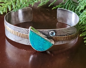Chrysocolla Mixed Metal Cuff bracelet sterling silver mixed metals michele grady wide statement jewelry chunky big large thick blue stone