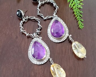 Amethyst and Citrine Grapevine Earrings sterling silver black onyx michele grady jewelry large dangle drop statement jewelry twisted wire