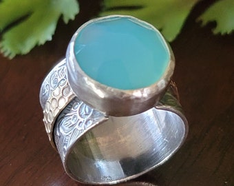 Blue Chalcedony Wide Band Ring Size 7 sterling silver brass michele grady jewelry mixed metal mixed metals blue stone rose cut