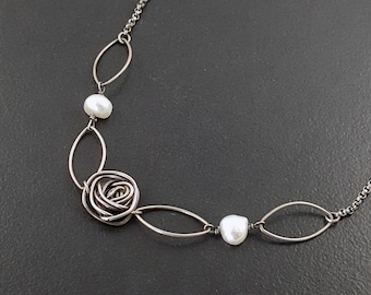 Rose Pearl Necklace sterling silver freshwater pearls michele grady spiral flower nest love knot pearl jewelry botanical everyday dainty