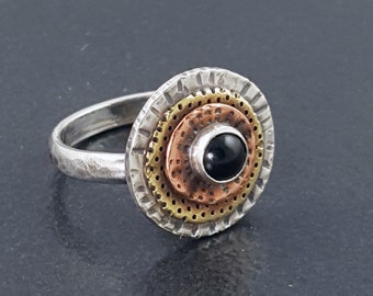 Mixed Metal Black Onyx Circles Ring size 7.5 brass copper sterling silver michele grady jewelry mixed metals round small everyday