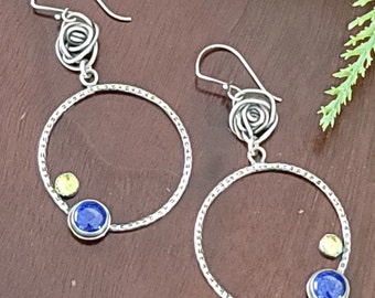 Lapis and Peridot Rose Hoop Earrings sterling silver michele grady jewelry dangle drop statement long twisted wire blue green stone hoops