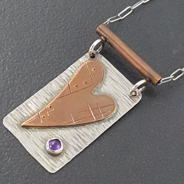 Mixed Metal Heart Necklace, amethyst, sterling silver, mixed metal, heart jewelry, mixed metals, copper, silver, necklace, michele grady