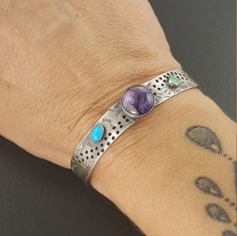 Charoite Turquoise Chrysoprase Cuff cuff bracelet stamped michele grady adjustable stacker,purple stone stacking cuff sterling silver