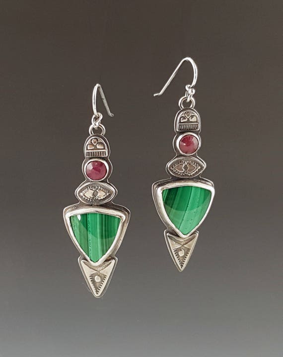 Malachite and Ruby Earrings sterling silver michele grady rose | Etsy