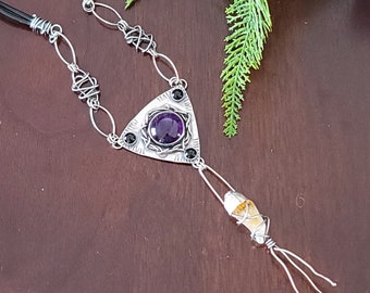 Amethyst Citrine Grapevine Statement Necklace sterling silver black onyx leather michele grady art piece raw gemstone jewelry chunky