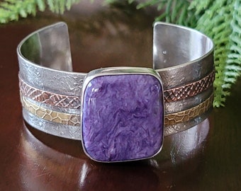 Charoite Mixed Metal Cuff bracelet sterling silver mixed metals michele grady wide statement jewelry chunky big large thick purple stone