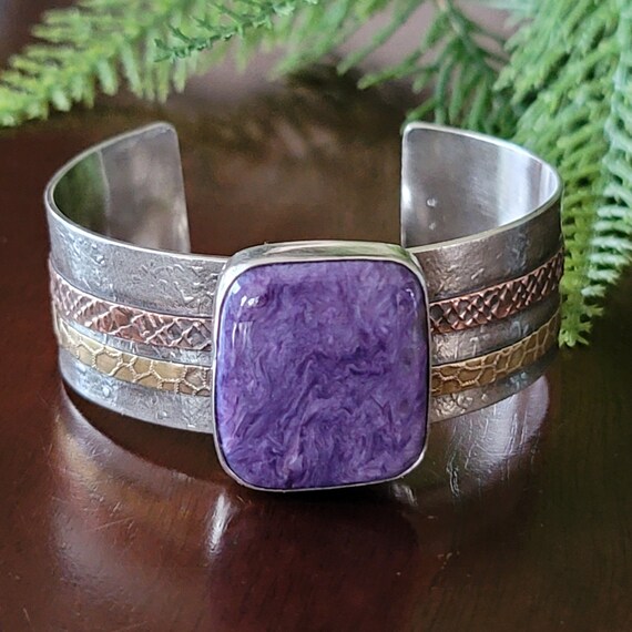 Three Stone Purple Charoite Wide Band Ring Sterling Silver Three Stone Purple Charoite Wide Band Ring Sterling Silver