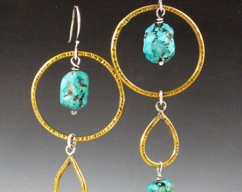 Turquoise Hoop Earrings brass michele grady mixed metal jewelry mixed metals hoops dangle statement boho festival