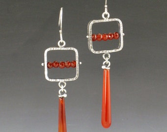 Carnelian Pinned Earrings sterling silver michele grady kinetic movable parts abacus red stone jewelry long dangle statement earrings