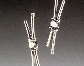 Pearl Stick Earrings sterling silver michele grady post white freshwater pearls dangle drop oxidized handmade