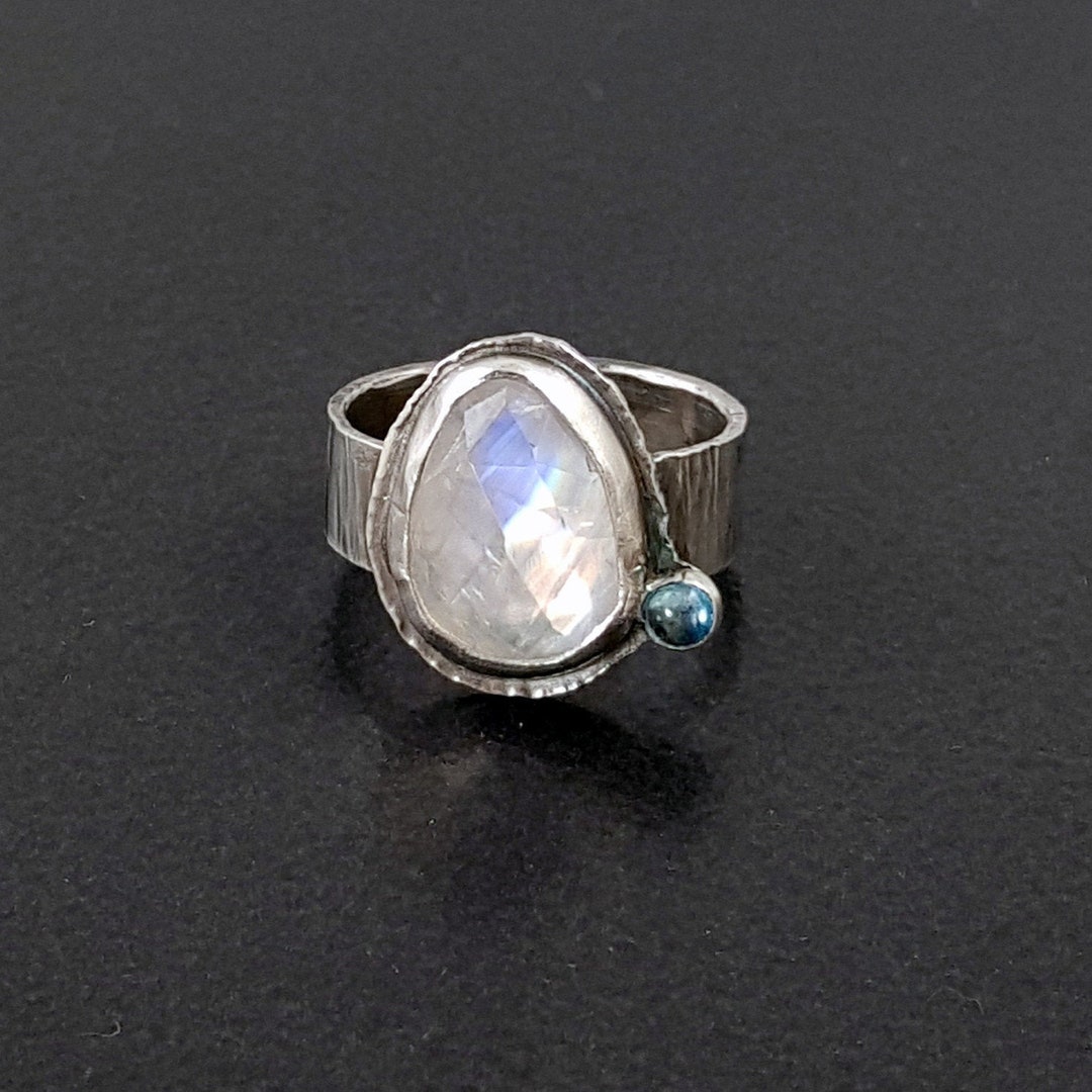 Rainbow Moonstone Blue Topaz Ring Size 7.5 Sterling Silver - Etsy