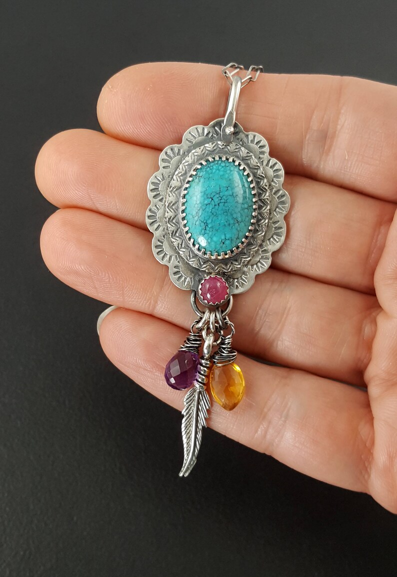 boho turquoise jewelry pendant michele grady bohemian stamped blue silver turquoise sterling silver Turquoise Tourmaline Necklace