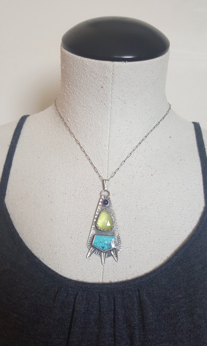 sterling silver stamped necklace Chalcedony Chrysocolla Amethyst Necklace michele grady boho necklace tribal necklace,