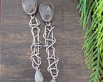 Gray Moonstone and Labradorite Grapevine Earrings sterling silver michele grady jewelry long dangle drop statement jewelry twisted wire