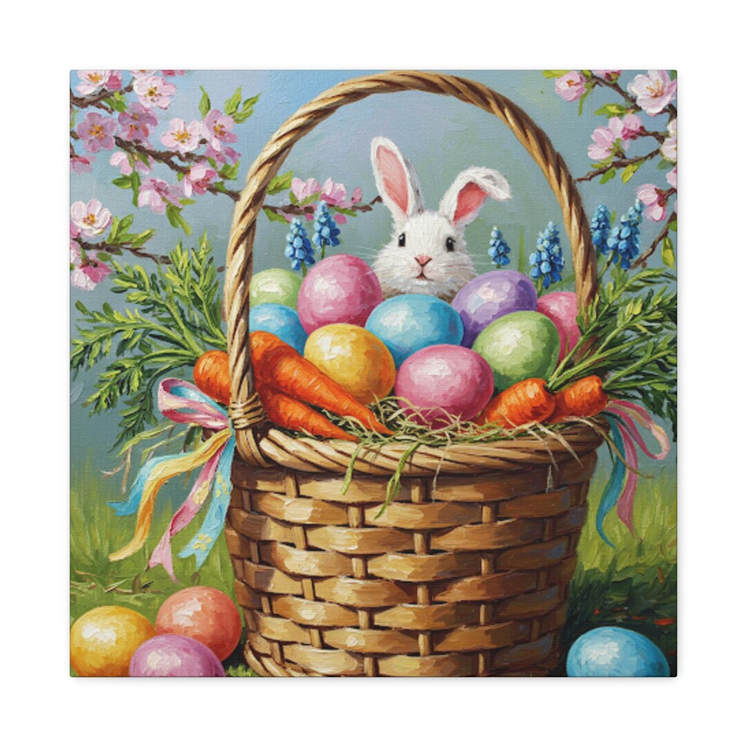 Easter Bunny Canvas Pink and Blue Flower Art Tranquil Wall Decor Flower ...