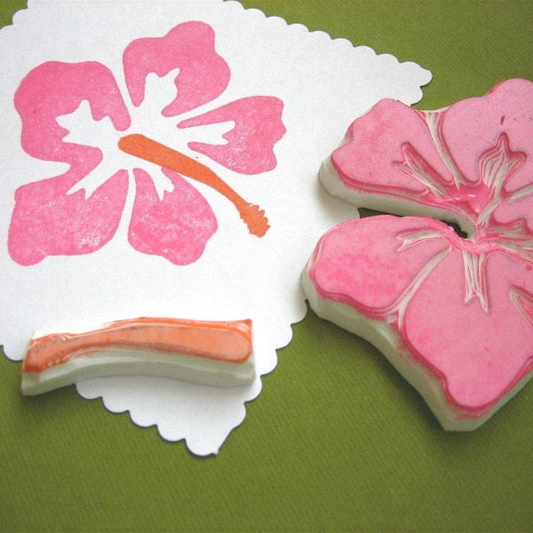 Hibiscus Flower Hand Carved Rubber Stamp, 2 part set