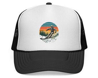 Retro Sunset Skier Trucker Cap | Vintage Skiing Snowboard Mountain