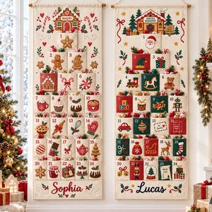 May include: Two vertical fabric Christmas advent calendars with numbered pockets. The left calendar features a bakery theme with the name Sophia, while the right calendar displays a Santa's workshop theme with the name Lucas, both hanging.