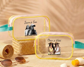 Bolsa de maquillaje transparente personalizada, regalo con foto para mejores amigas, bolsa de playa para viajes de chicas, neceser impermeable, regalo de Galentine para mejores amigas.