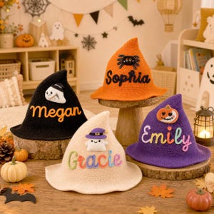 Personalized Name Halloween Witch Hat, Custom Embroidered Witch Costume Hat, Trick or Treat Accessory, Halloween Party Dress Up for Kids