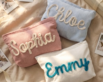 Gepersonaliseerde make-uptas, geborduurd corduroy etui, verjaardagscadeau voor je beste vriendin, gepersonaliseerd aanzoek voor bruidsmeisje, make-up organizer