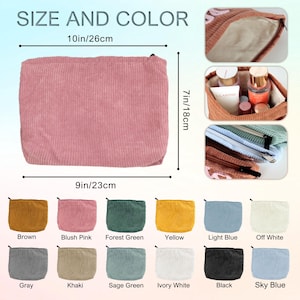 May include: A blush pink corduroy cosmetic bag, measuring 10 inches wide, 7 inches high, and 9 inches deep. The image shows the bag's dimensions and a color chart with options like brown, green, and blue. The text "SIZE AND COLOR" is at the top.