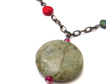 Green Opal and Red Coral Pendant Necklace