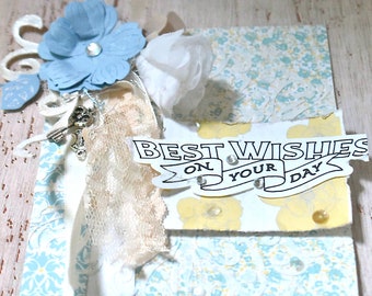 Vintage style Best Wishes Greeting Card- Handmade Luxury- Blue & Yellow tones with trims