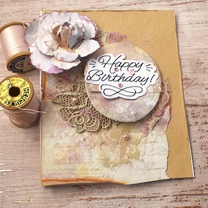 Shabby Chic Birthday Card- Vintage Lace Floral Birthday Card - Pale Pink, Golden, Cottage core trend