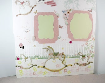 Handcrafted 12x12 Single Page Little Girl Rocking Horse Scrapbook Page - Two Photo Spaces