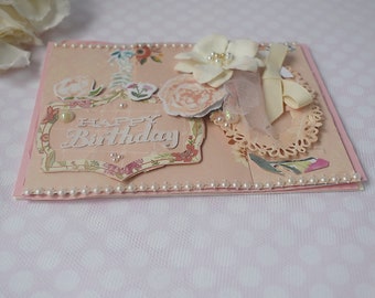 Peach Coquette Handmade Birthday Card - Happy Birthday! - Blank Inside